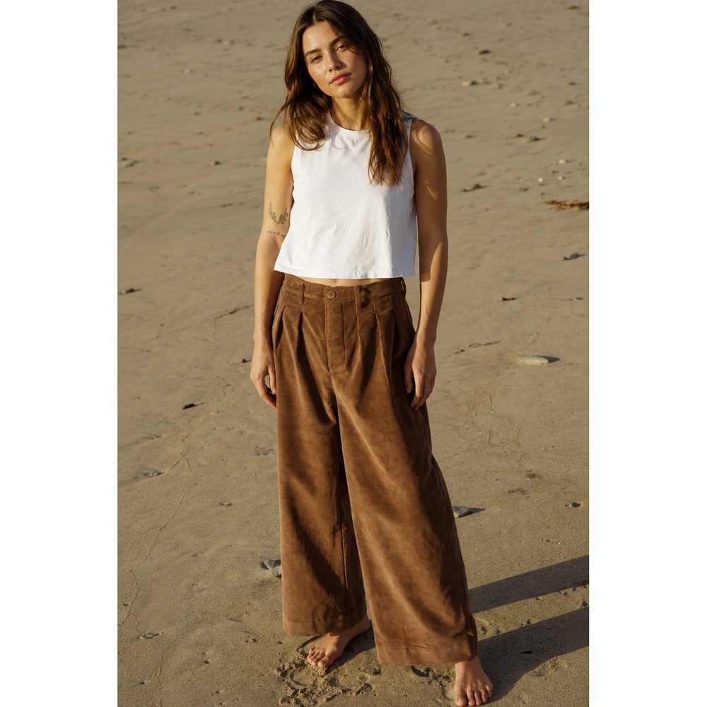 Sister Katie Betsy Cords Brown Wide Leg Pants L Corduroy Pleated Oversized Boho